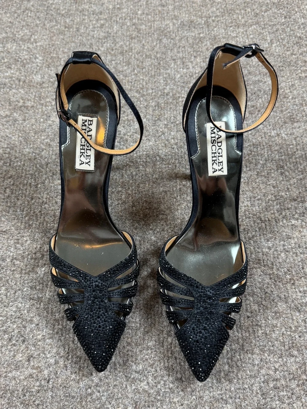 Badgley Mischka Black‎ Satin Rhinestone Pointy Toe Ankle Strap Heels Women’s 7